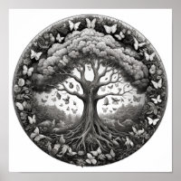 Black and White Tree of Life with Butterflies