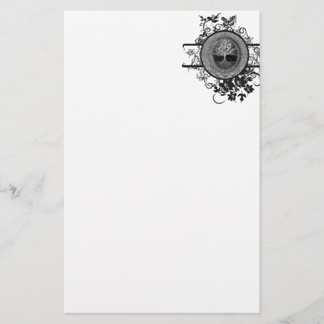 Black and White Tree of Life with Flowers Stationery (Front)