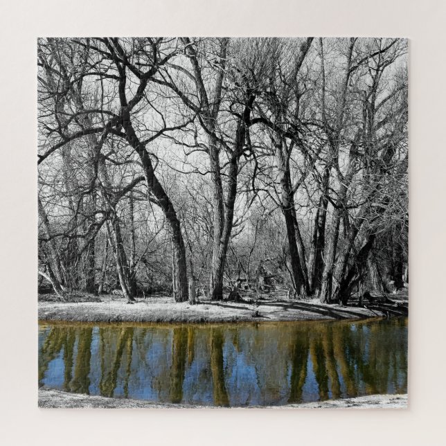 Black and White Trees Blue Water Reflection Jigsaw Puzzle (Vertical)