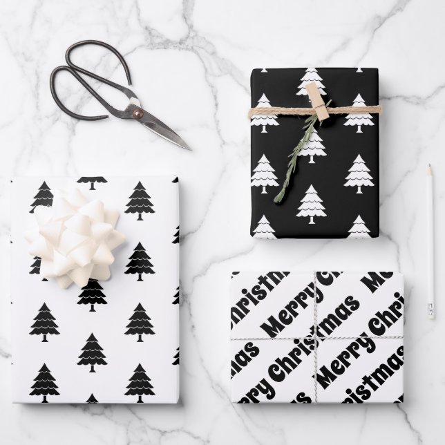 Black and white trees Merry Christmas holiday Wrapping Paper Sheet (Front)
