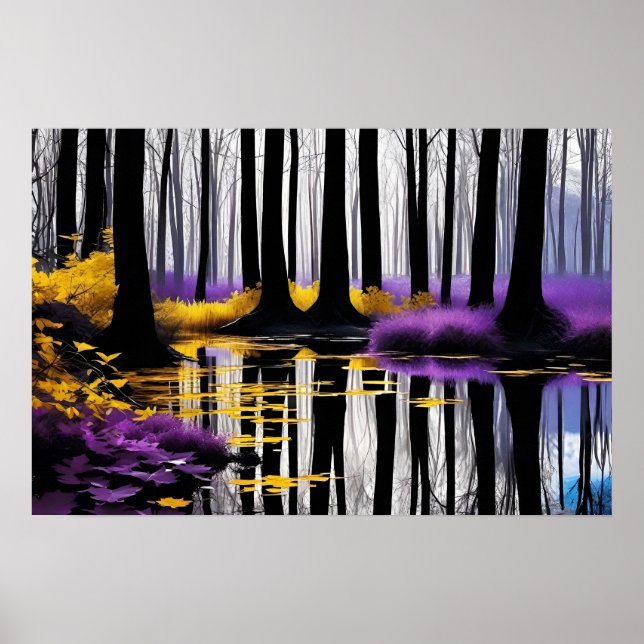 Black and White Trees Reflection and Yellow Purple Poster (Front)