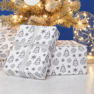 Black and White Trees Snowflakes Christmas Wrapping Paper