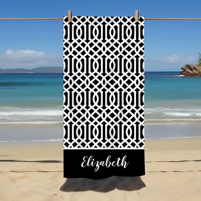 Black and White Trellis Monogram | Editable Colour Beach Towel (Creator Uploaded)