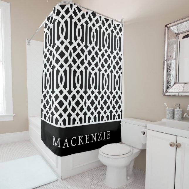 Black and White Trellis Monogram | Editable Colour Shower Curtain (In Situ)