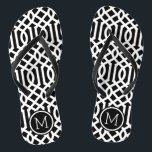Black and White Trellis Monogram Flip Flops<br><div class="desc">Custom printed flip flop sandals with a stylish modern trellis pattern and your custom monogram or other text in a circle frame. Click Customise It to change text fonts and colours or add your own images to create a unique one of a kind design!</div>