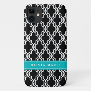 Black and White Trellis Pattern Turquoise Name iPhone 11 Case