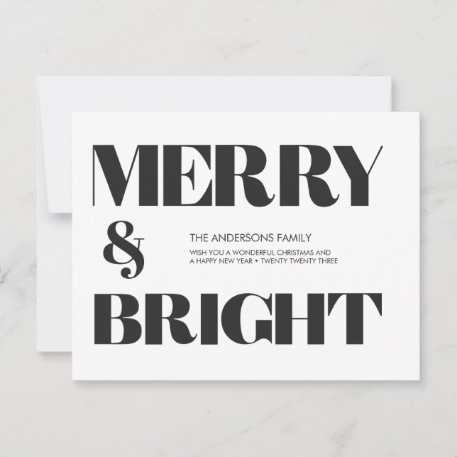 Black and White Trendy Merry & Bright Christmas  H Holiday Card (Front)