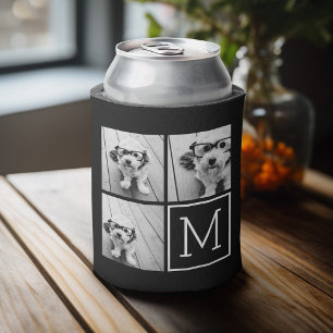 Black and White Trendy Photo Collage with Monogram Can Cooler