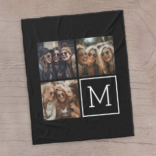 Black and White Trendy Photo Collage with Monogram Fleece Blanket