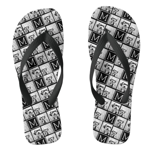 Black and White Trendy Photo Collage with Monogram Flip Flops (Footbed)