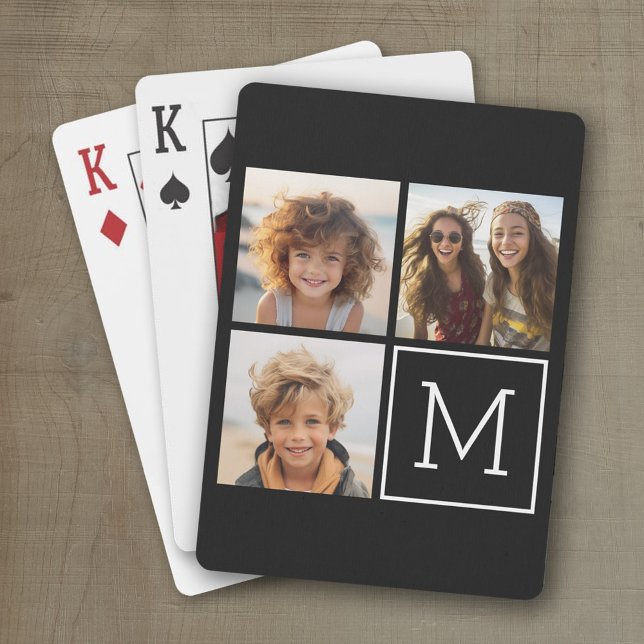 Black and White Trendy Photo Collage with Monogram Playing Cards (Personalized playing cards with a fun area to add photos and text such as a name or monogram)