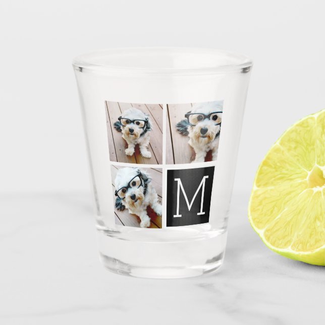 Black and White Trendy Photo Collage with Monogram Shot Glass (Front)