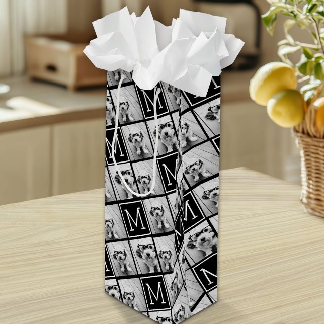 Black and White Trendy Photo Collage with Monogram Wine Gift Bag (Custom Gift Bag with Multiple Photos)