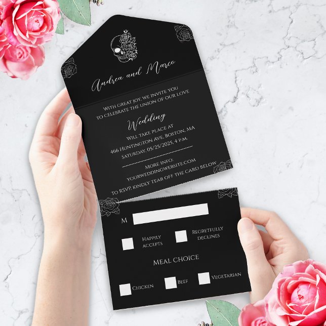 Black and White Tri-Fold Gothic Wedding Invite (Black and white tattoo gothic wedding invitation tri fold)