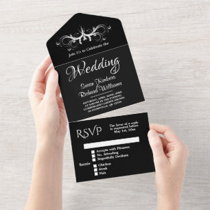 Black and White Tri Fold w Rsvp Wedding All In One Invitation