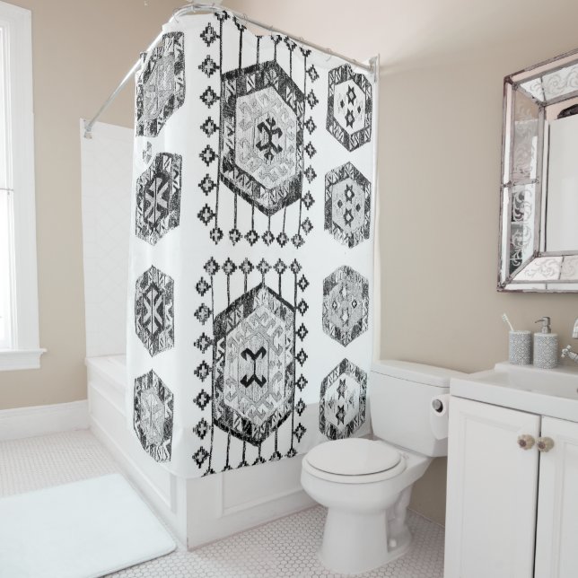 Black and White Triangle Farmhouse Shower Curtain (In Situ)