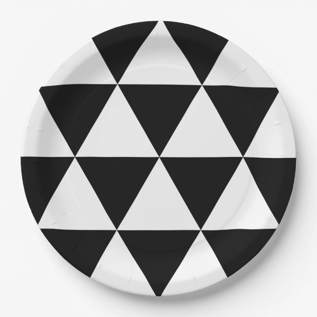 Black and White Triangle Pattern Paper Plate (Front)