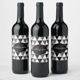 Black and White Triangles Pattern Wine Label