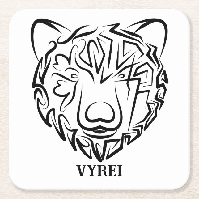 Black and White Tribal Bear Square Paper Coaster (Front)