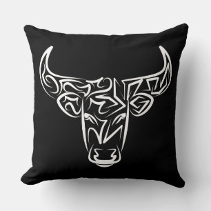 Black and White Tribal Bull / Ox Cushion