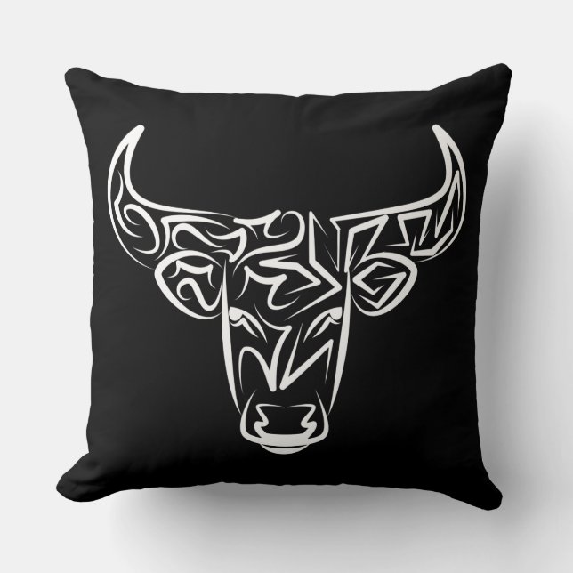 Black and White Tribal Bull / Ox Cushion (Front)