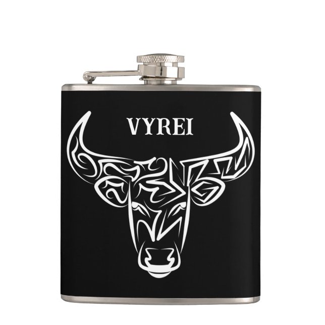 Black and White Tribal Bull / Ox Hip Flask (Front)