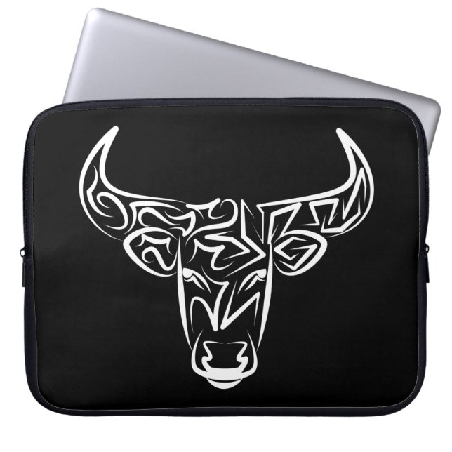 Black and White Tribal Bull / Ox Laptop Sleeve (Front)