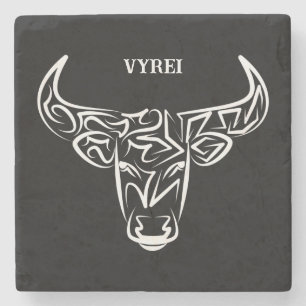 Black and White Tribal Bull / Ox Stone Coaster