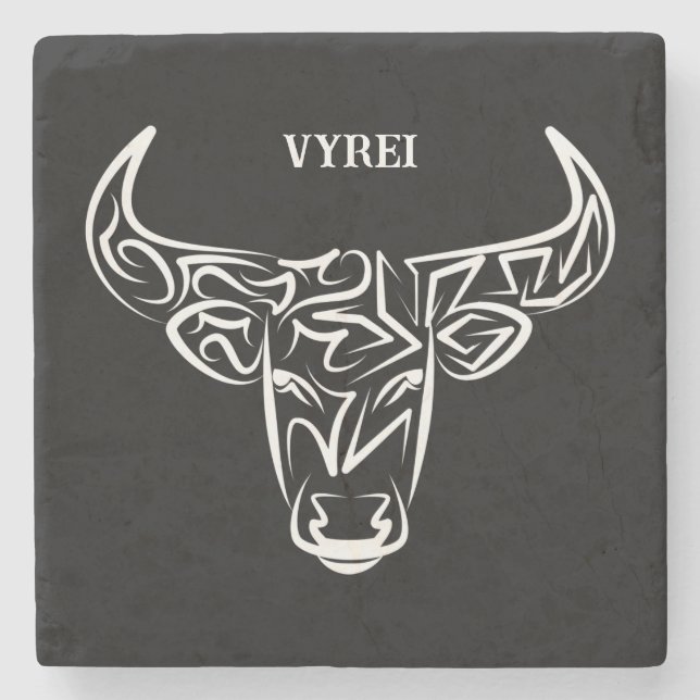 Black and White Tribal Bull / Ox Stone Coaster (Front)