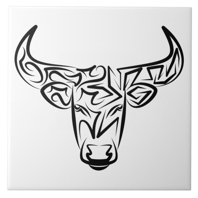 Black and White Tribal Bull / Ox Tile (Front)