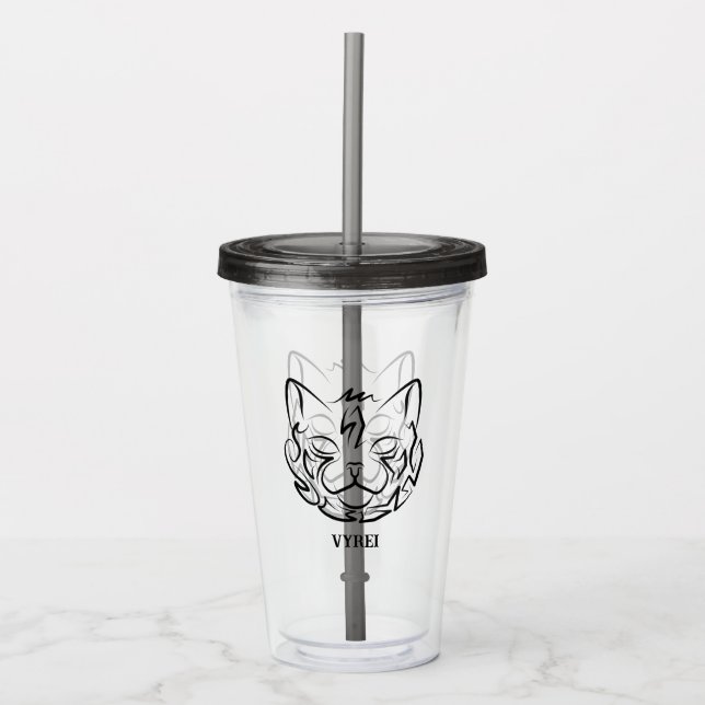 Black and White Tribal Cat Acrylic Tumbler (Front)