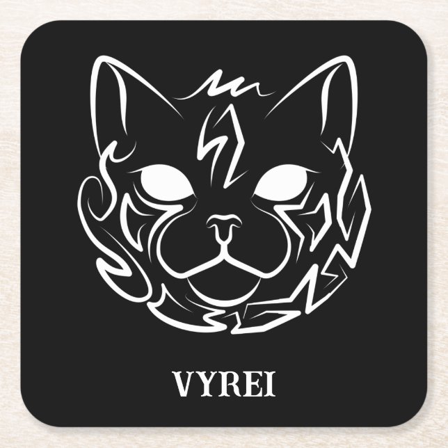 Black and White Tribal Cat Square Paper Coaster (Front)