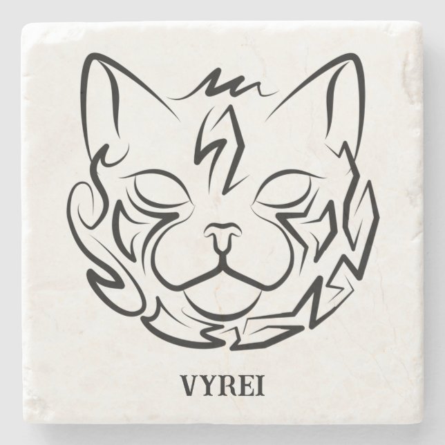 Black and White Tribal Cat Stone Coaster (Front)