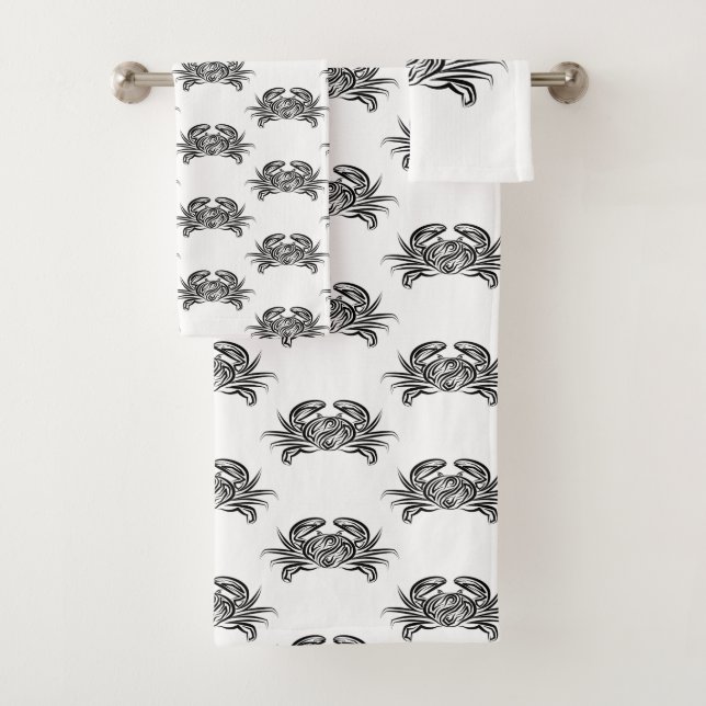 Black and White Tribal Crab Bath Towel Set (Insitu)