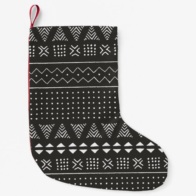 Black and white tribal ethnic pattern with geometr small christmas stocking (Front)
