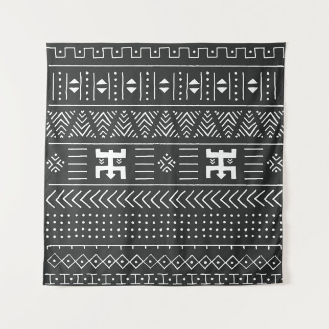 Black and white tribal ethnic pattern with geometr tapestry (Front)
