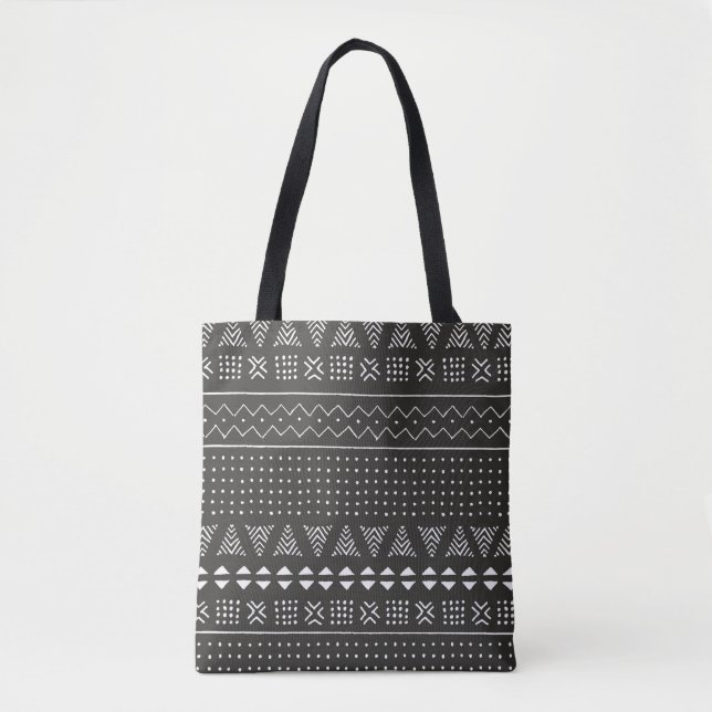 Black and white tribal ethnic pattern with geometr tote bag (Front)