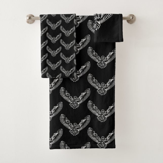 Black and White Tribal Flying Owl Bath Towel Set (Insitu)