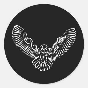 Black and White Tribal Flying Owl Classic Round Sticker