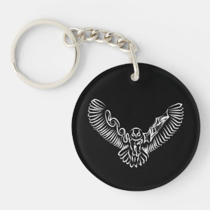 Black and White Tribal Flying Owl Key Ring