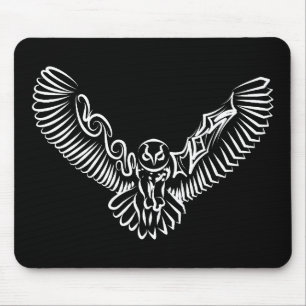 Black and White Tribal Flying Owl Mouse Mat