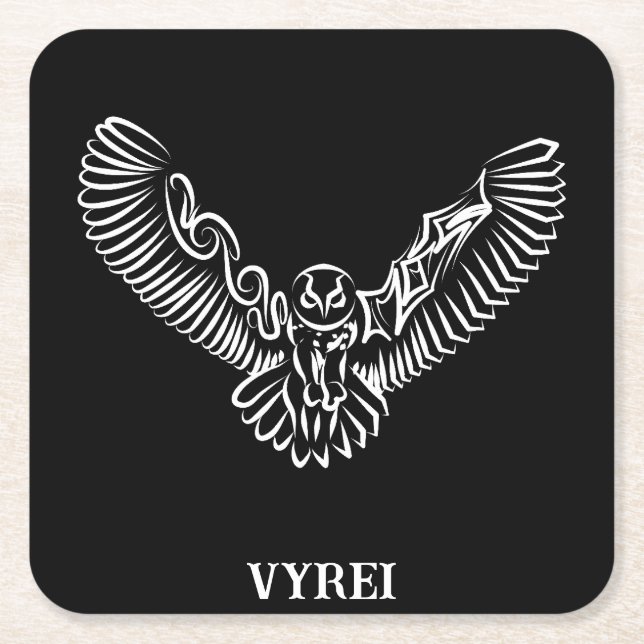 Black and White Tribal Flying Owl Square Paper Coaster (Front)
