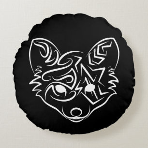 Black and White Tribal Fox Round Cushion
