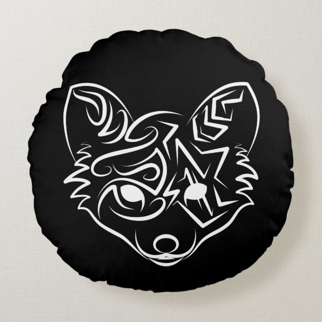 Black and White Tribal Fox Round Cushion (Front)