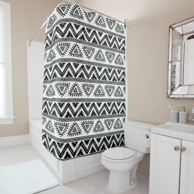 Black and white tribal geometric pattern shower curtain (In Situ)