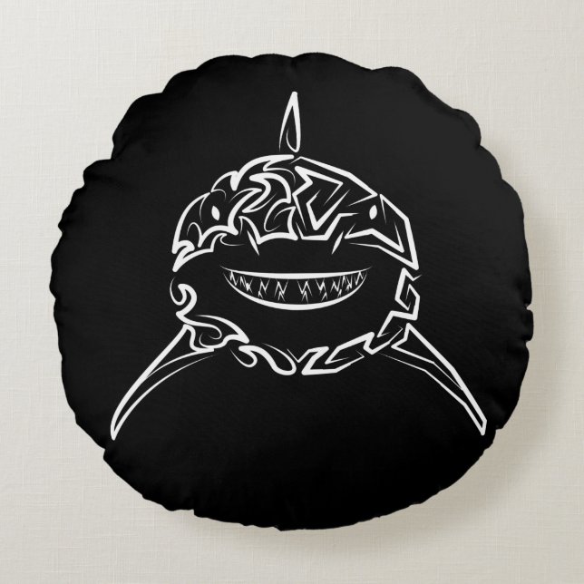 Black and White Tribal Great White Shark Round Cushion (Front)