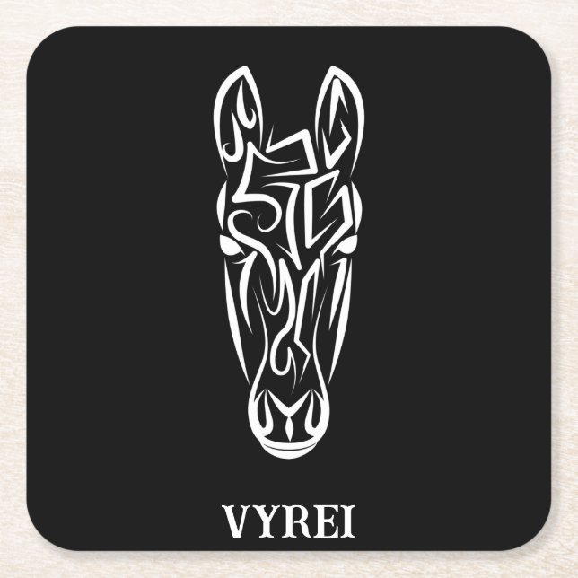Black and White Tribal Horse Square Paper Coaster (Front)