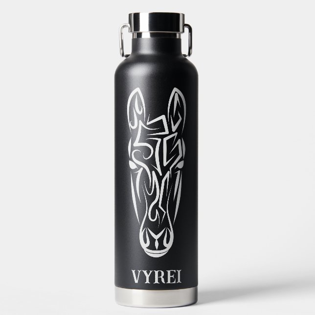 Black and White Tribal Horse Water Bottle (Front)