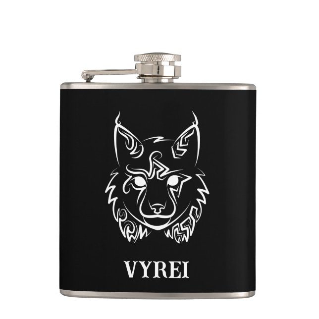 Black and White Tribal Lynx Hip Flask (Front)