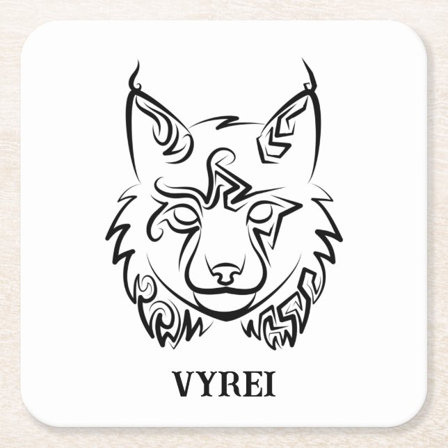 Black and White Tribal Lynx Square Paper Coaster (Front)